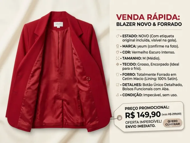 Blazer vermelho, tamanho M, Novo, forrado!