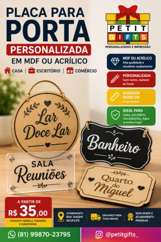 Placa para Porta Personalizada em MDF ou Acrílico | Casa e Escritório