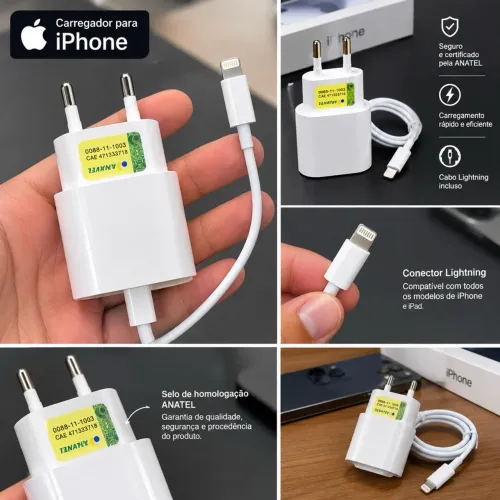 Fonte Carregador 20W USB-C + Cabo Lightning para iPhone