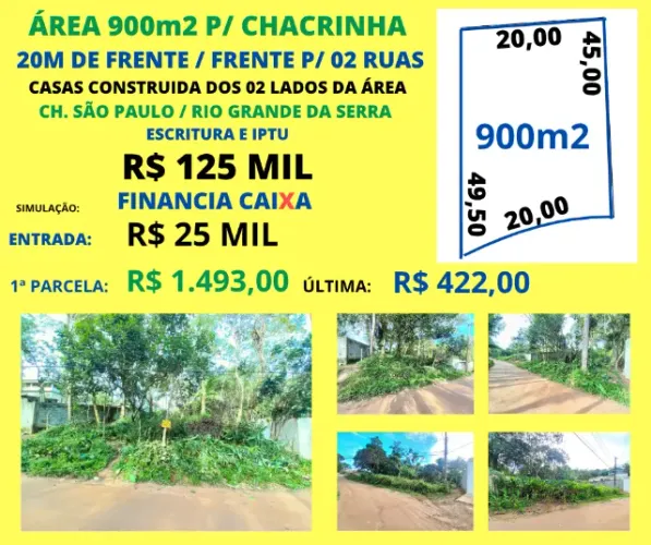 Área 900m2 p/ Chacrinha 20m de frente p/ 02 ruas Casas construída dos 2 lados Escritura