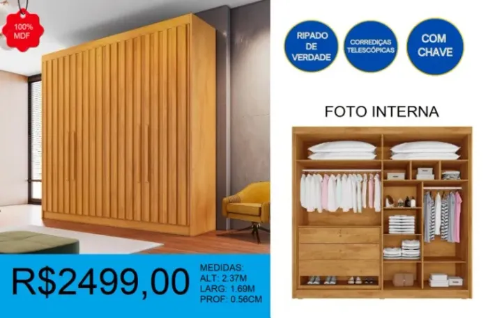 Roupeiro ripado 100% mdf com chave - frete grátis e parcelamos até 12X sem juros