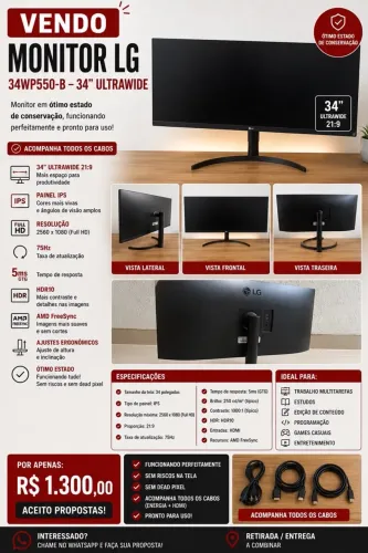 Monitor LG Ultrawide 34 IPS Full HD 75Hz - 34WP550-B
