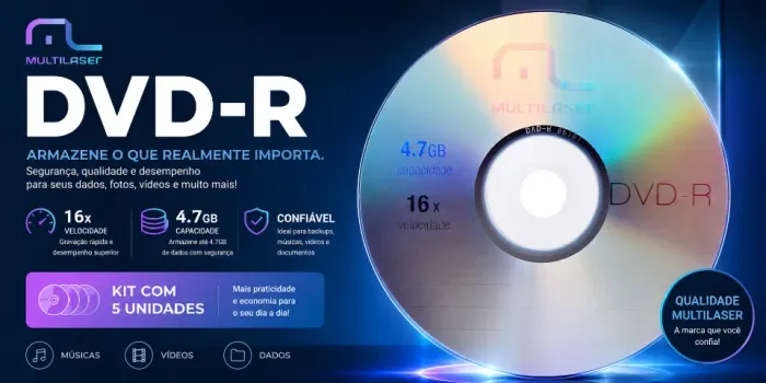 Kit com 5 DVDs Virgens Multilaser DVD-R 4.7GB 16x | Alta Qualidade para Backup, Vídeos, Fo