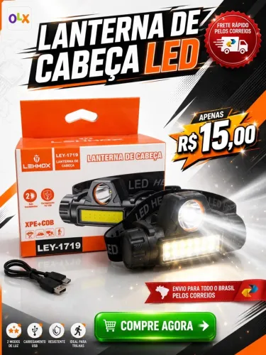 Lanterna de Cabeça LED Lehmox LEY-1719 - Recarregável USB - R$ 15,00