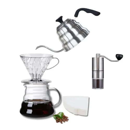 Conjunto V60 02 Jarra 600 ml e Porta Filtro Acrílico Moedor Chaleira 50 Filtros