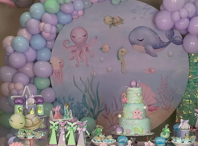 Capa para painel redondo Festa Fundo do mar - sereia