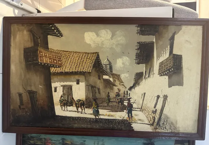 Pintura a óleo quadro Lhamas moldura madeira 0,94 x 0,54