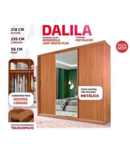 Guarda-Roupa Casal com Espelho Dalila 3 Portas de Correr