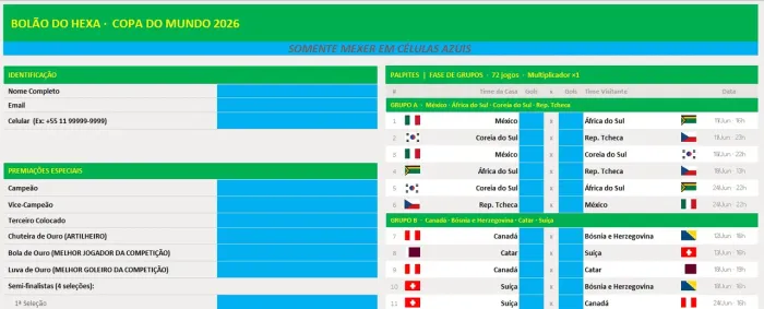     Planilha Bolão do Hexa - Copa 2026 Excel Automático + Ranking A MAIS COMPLETA! 29,90