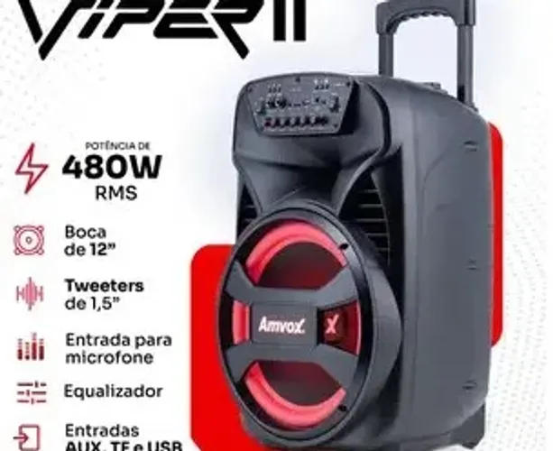 Caixa de Som Amvox Aca Viper II Bluetooth - Ativa 480W 12" USB com Tweeter 4 horas bateria