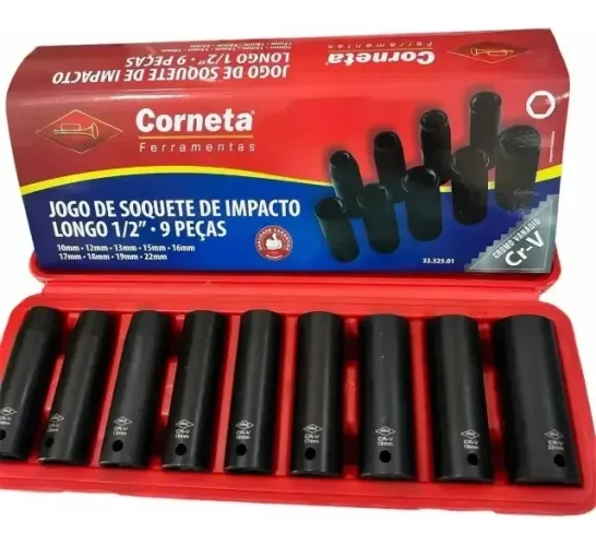 Jogo Com Soquete Impacto Longo 1/2 9 Peças 10 A 22mm Corneta