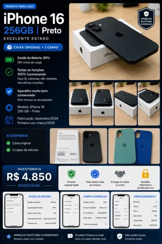 iPhone 16 256GB Preto | Caixa Original | Excelente Estado