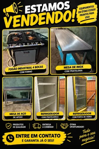 Fogão Industrial, Mesa de Inox para cozinha, Refrigerador com portas.