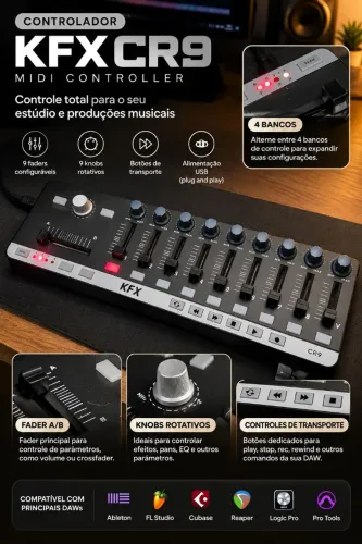 CONTROLADOR MIDI KFX CR9 - 9 FADERS + 9 KNOBS<br>? Ideal para produção