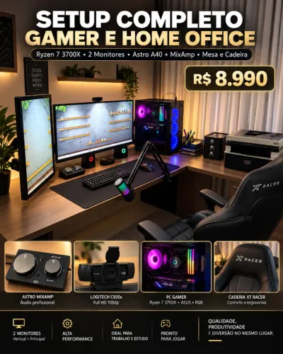 Setup Gamer / Home Office Completo | Ryzen 7 + 2 Monitores + Mesa + Cadeira + Astro A40