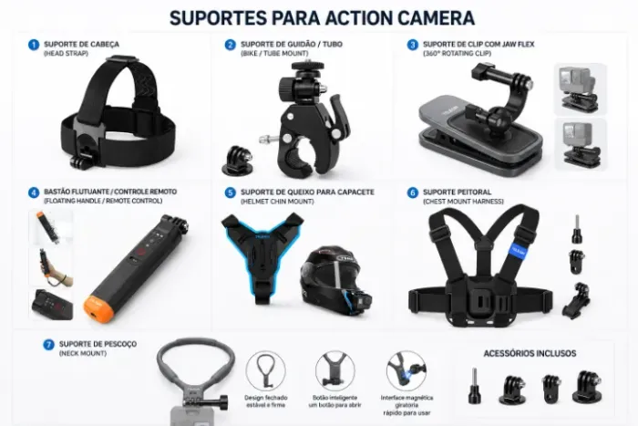Kit Suportes Completos Action Câmera Telesin + Outras marcas - Impecáveis Todas DJI Go Pro