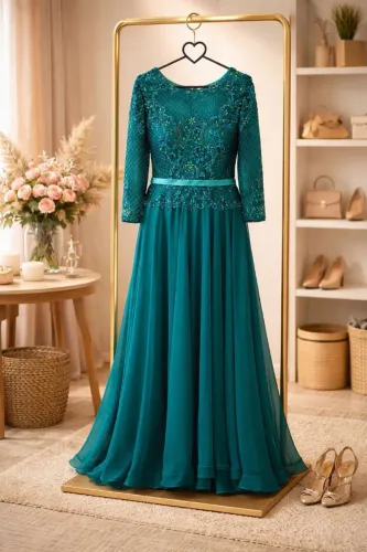 Vestido longo de festa em renda e voal verde tam. 44