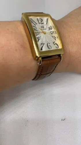 Relogio Feminino Original Ana Hickmann Caixa Dourada Estilo Tank e Pulseira Couro Marrom