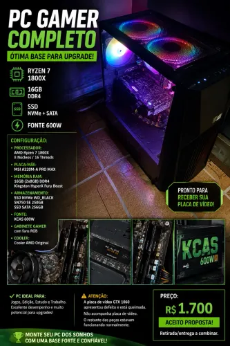 PC Gamer Ryzen 7 1800X + 16GB RAM + SSD NVMe | MSI | 600W