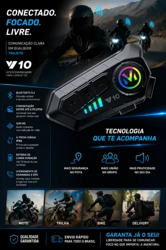 Intercomunicador Bluetooth V10 para Capacete - Som Hi-Fi, Conexão Multiponto e Iluminação 