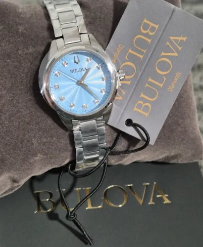 Relógio Bulova Sutton 96P250 Original Feminino Safira 11 Diamantes madrepérola azul luxo