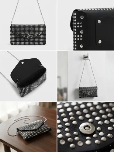 Bolsa Clutch Tachas 3 em 1 (Bolsa, Carteira, Bolsa de Cinto)