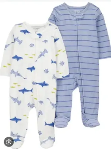 2 pijamas carters menino tubarão e listras azul - tamanhos: 0-3m e 6-9m