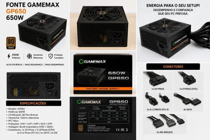 Fonte Alimentacao Preta 650w Gamemax Gp650 80 Plus Bronze Cor Preto