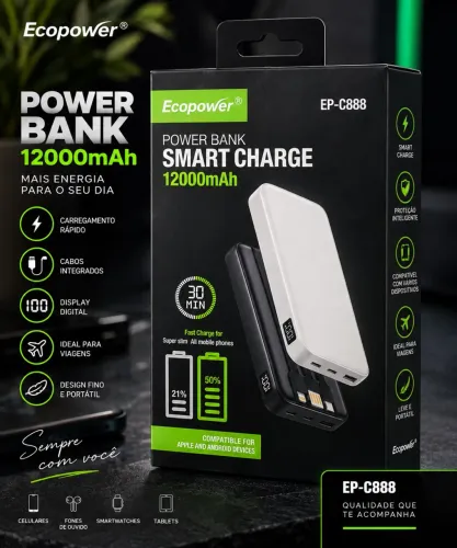 Power Bank Ecopower 12000mAh EP-C888 3 Cabos Integrados