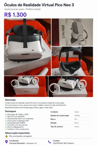 Óculos de realidade virtual pico neo 3