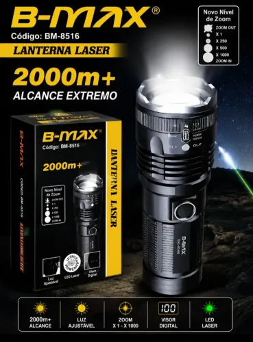 Lanterna Tática B-Max BM-8516 Recarregável USB LED Laser 2000m+ Super Potente ?