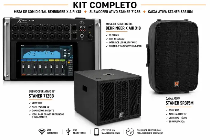 Kit Sonorização Profissional Behringer X Air X18 + Caixa Ativa Staner SR315M+ Subwoofer 12