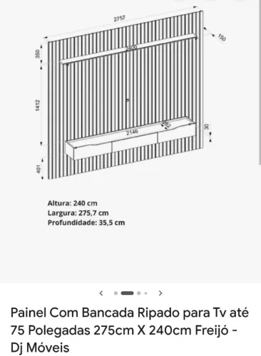 Painel com bancada ripado para TV até 75 polegadas 275cm X 240 cm Freijo DJ Móveis na caix