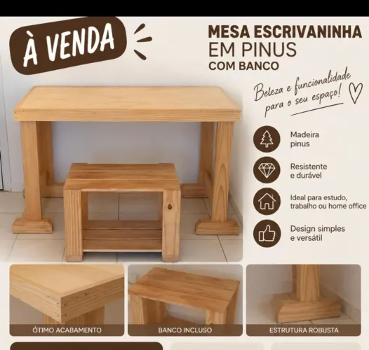 Escrivaninha e banco em pinus seminovos