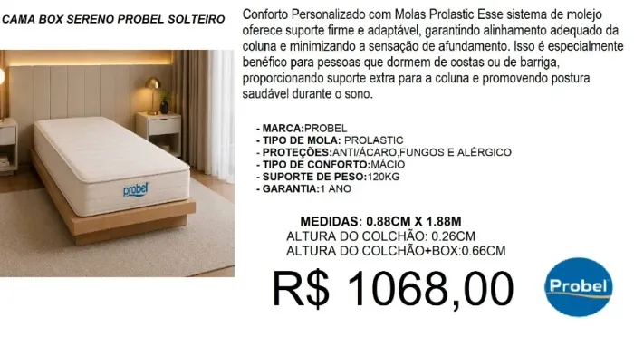 Cama box solteiro com colchão molas sereno probel - parcelamos até 12X sem juros