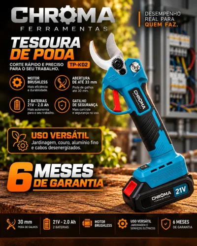 Tesoura de Poda Elétrica ChRomA Brushless 21V 33mm com 2 Baterias e Maleta