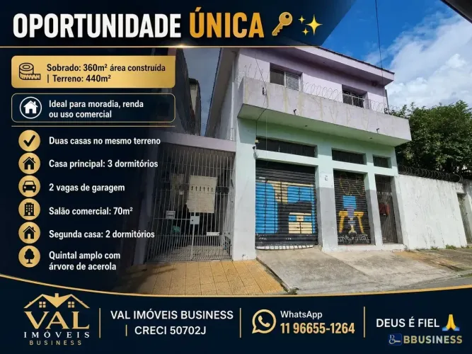 Sobrado à venda com 5 quartos,360m² de área construída ,terreno de 440m², 2 casas no mesmo