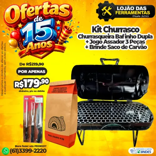 Kit Churrasqueira Bafinho Dupla + Jogo Assador 3 Peças + Brinde Saco de Carvão