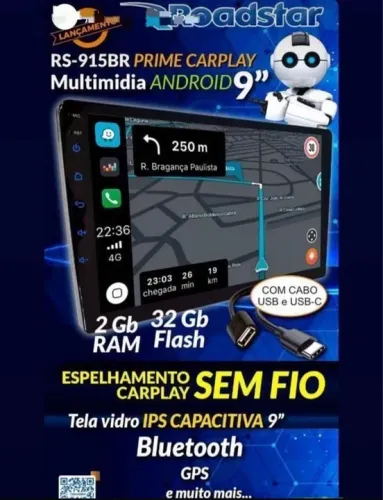 ROADSTAR  9 POLEGADAS ANDROID 2/32 COM CARPLAY  TV DIGITAL 