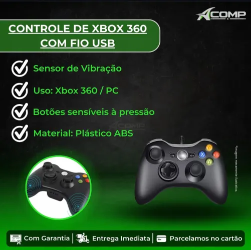 Controle Usb Com Fio Para Xbox 360 Computador Notebook Cor Preto