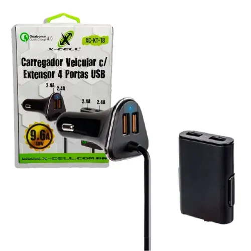 Carregador Veicular com Extensor 4 Portas USB 48W