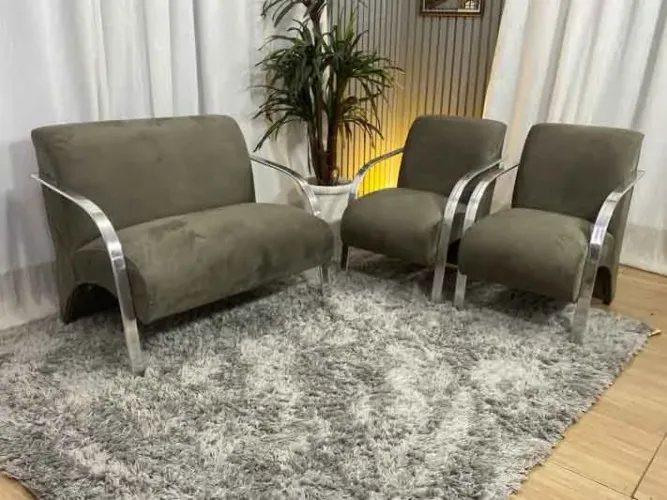 Conjunto de Poltronas 2x1x1 Lugares Marrom Braço Alumínio 