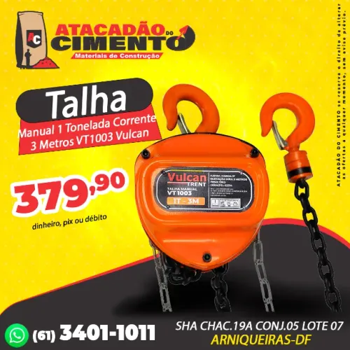 Talha Manual 1 Tonelada Corrente 3 Metros VT1003 Vulcan