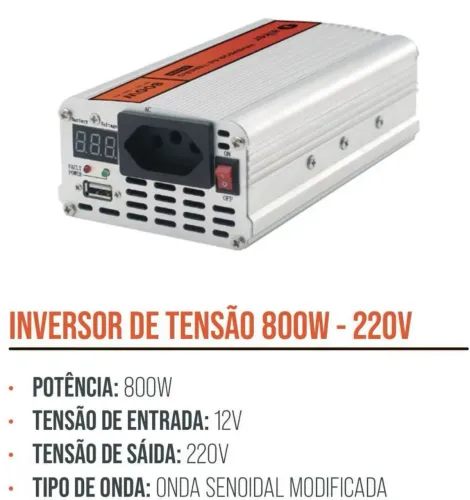Inversor de tensão 800w 12v 220v senoidal