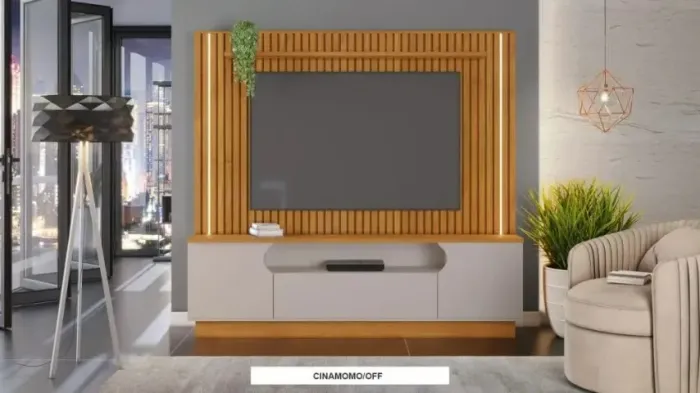 Estante Home Afago Com Rippas Na Madeira E Luz De Led Cinamomo/Off White 