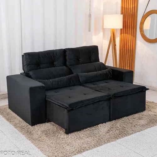Sofá Retrátil Reclinável Bia 1.95m Veludo Preto rf433