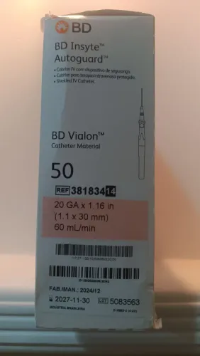 catéter intravenoso BD Insyte autoguard Calibre: 20 GA / 1.1 x 30 mm / 60 mL/min 50Unid