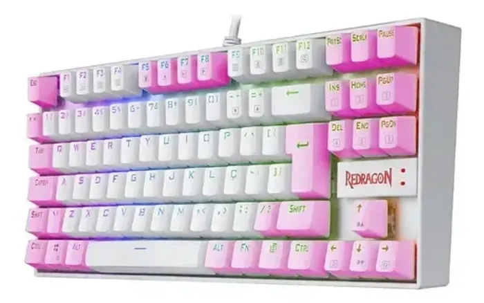 TECLADO MECANICO GAMER SINGLE COLOR REDRAGON KUMARA BRANCO E ROSA COM SWITCH AZUL