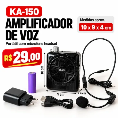 Amplificador de Voz KA-150 Portátil com Microfone Headset USB FM Recarregável Professor