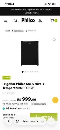 Frigobar Philco 68L estado de novo 